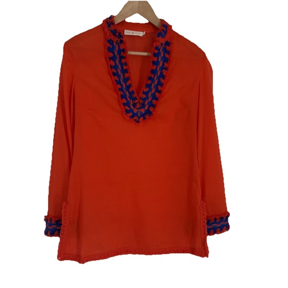 Tory Burch Tops - Tory Burch Women Tory Tunic 2 Samba Fringe Orange Blue Embroidered Resort Cruise